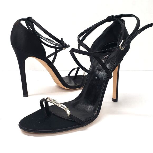 Sergio Rossi Sandals Womens 9.5 Black Satin Crystal Strappy Stiletto Heel Party - Picture 1 of 16